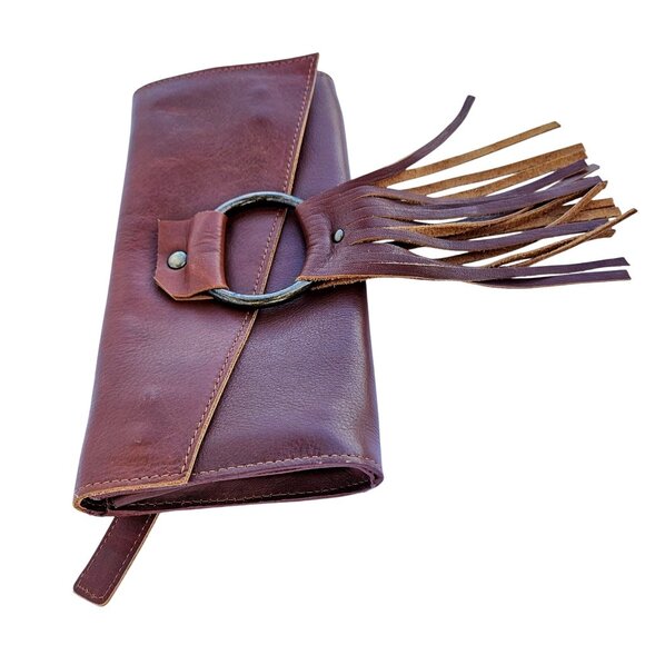 Vintage Leather Handbag Purse Clutch Wallet Fringe Brown Lisa Leonard - Picture 2 of 14